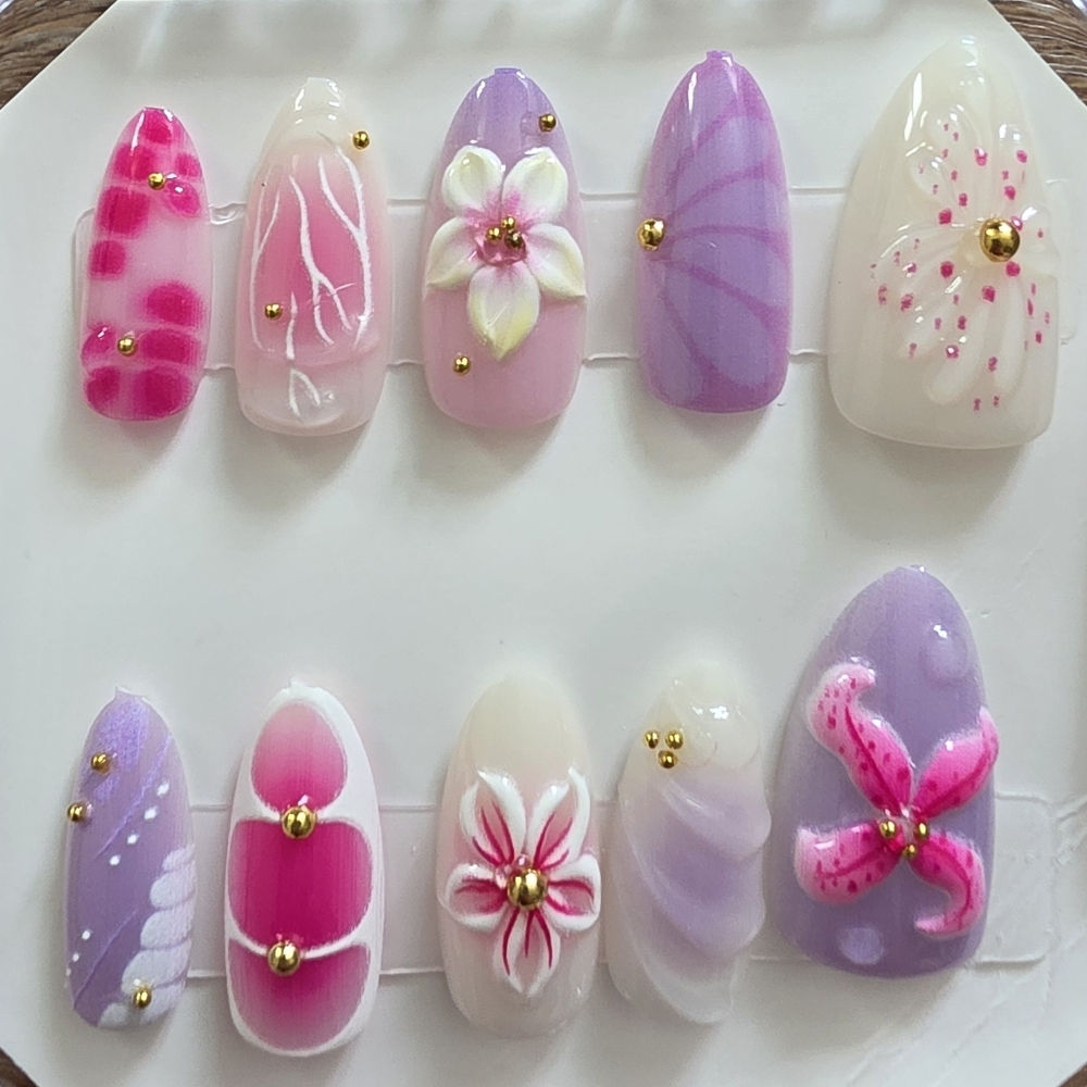 3D Floral & Hibiscus Press-On Nails | Purple & Pink | Size Medium